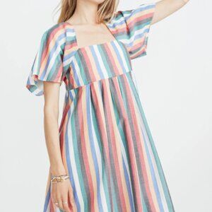 Madewell Square-Neck Mini Dress in Festival Stripe Size Large 100% Cotton